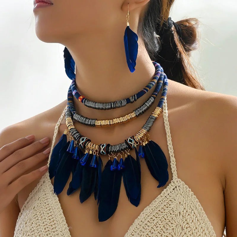 Boho Feather Multi Layer Necklace Earrings Set - Main Image