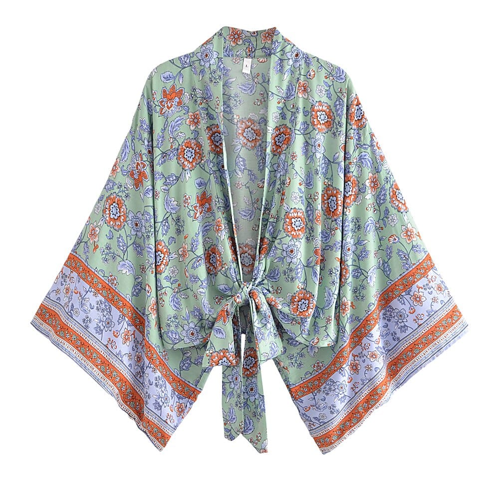 Venus Cotton Short Kimono  - Aya Green Blockprint