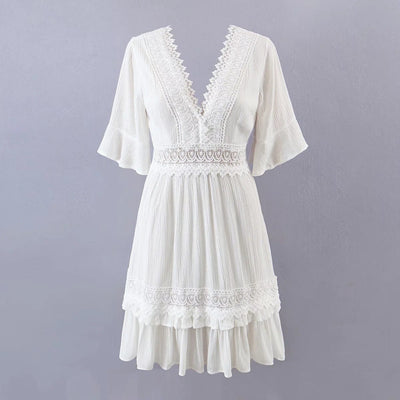 JiaJia S / White V Collar Short Sleeve Lace Dress