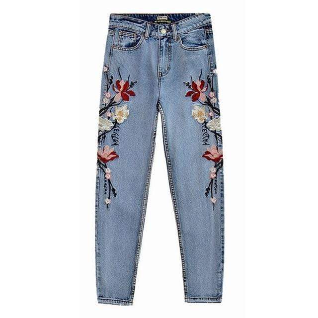 wickedafstore Floral Embroidered High Waist Jeans