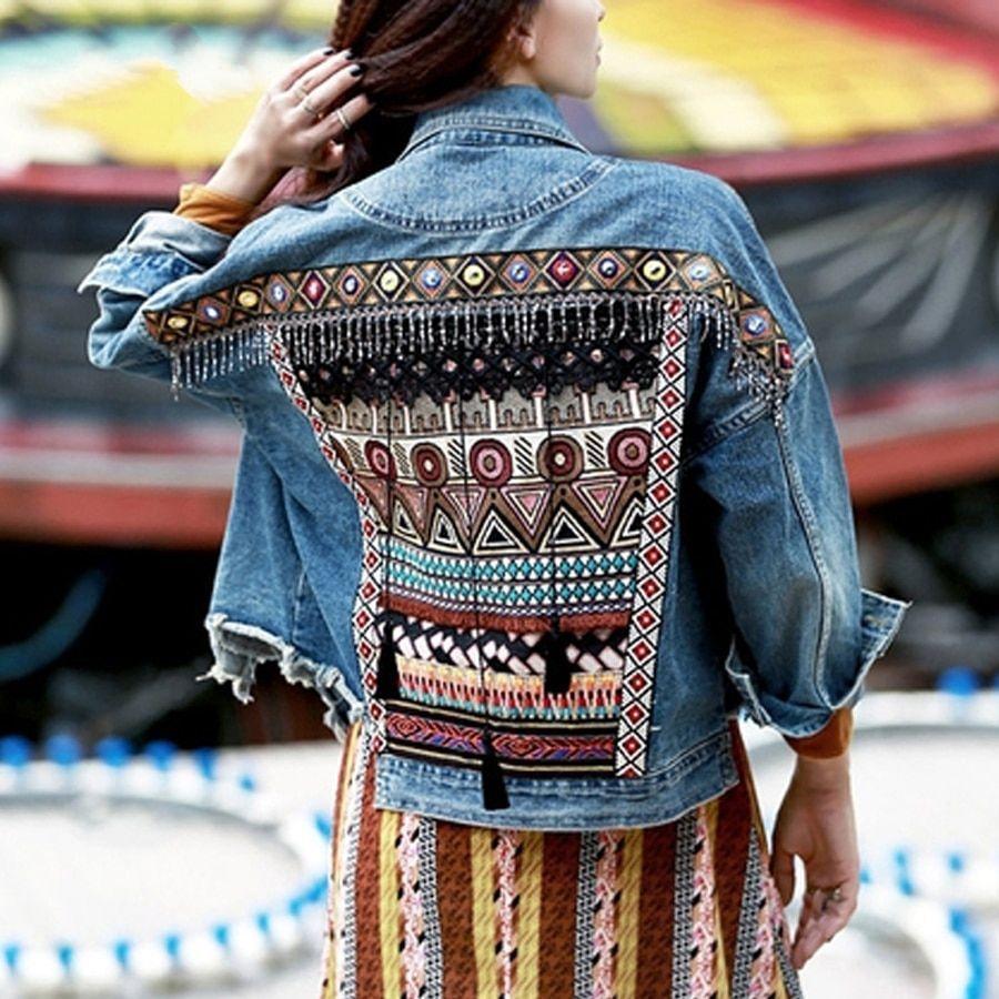Embroidered Ethnic Denim Jacket - wickedafstore