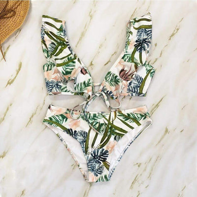 Pale Khaki Leafy Bikini Set - wickedafstore