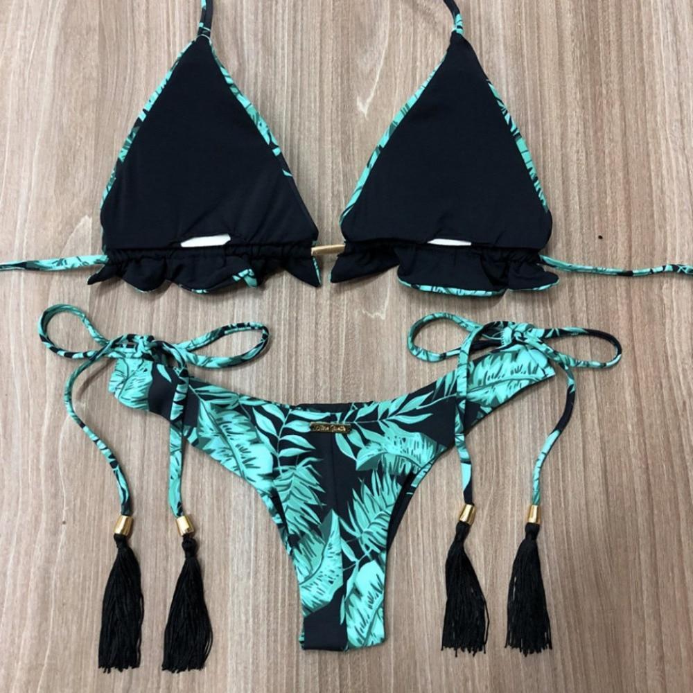 Palm Leaf Print Tassel Bikini Set - wickedafstore