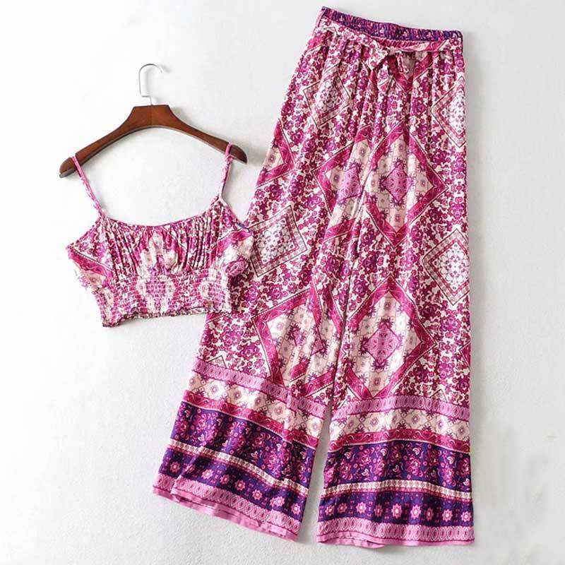 Pink Tribal Print Shirred Cami Top & Belted Trousers - wickedafstore