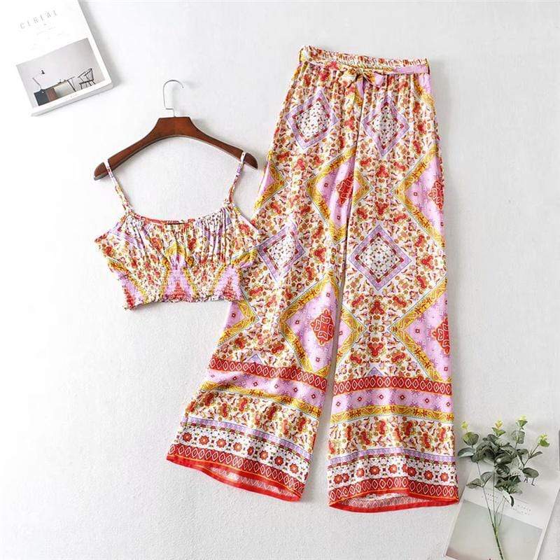 Yellow Tribal Print Shirred Cami Top & Belted Pants - wickedafstore