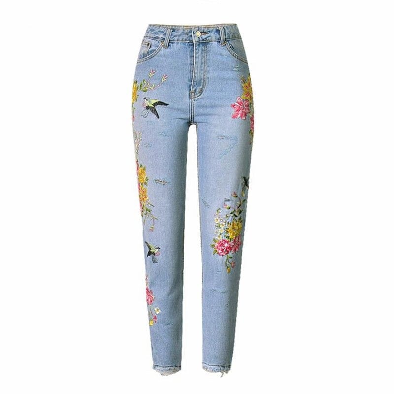 Floral Embroidered High Waist Jeans