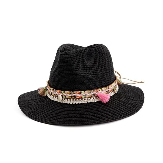 wickedafstore Black Braid Shells And Tassels Sun Panama Hat