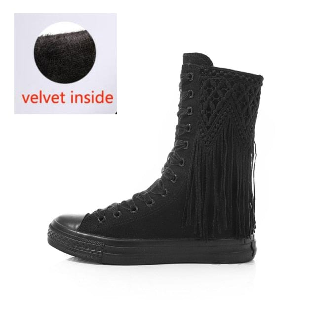 wickedafstore Black Velvet / 35 Lace Embroidery Flat Boots