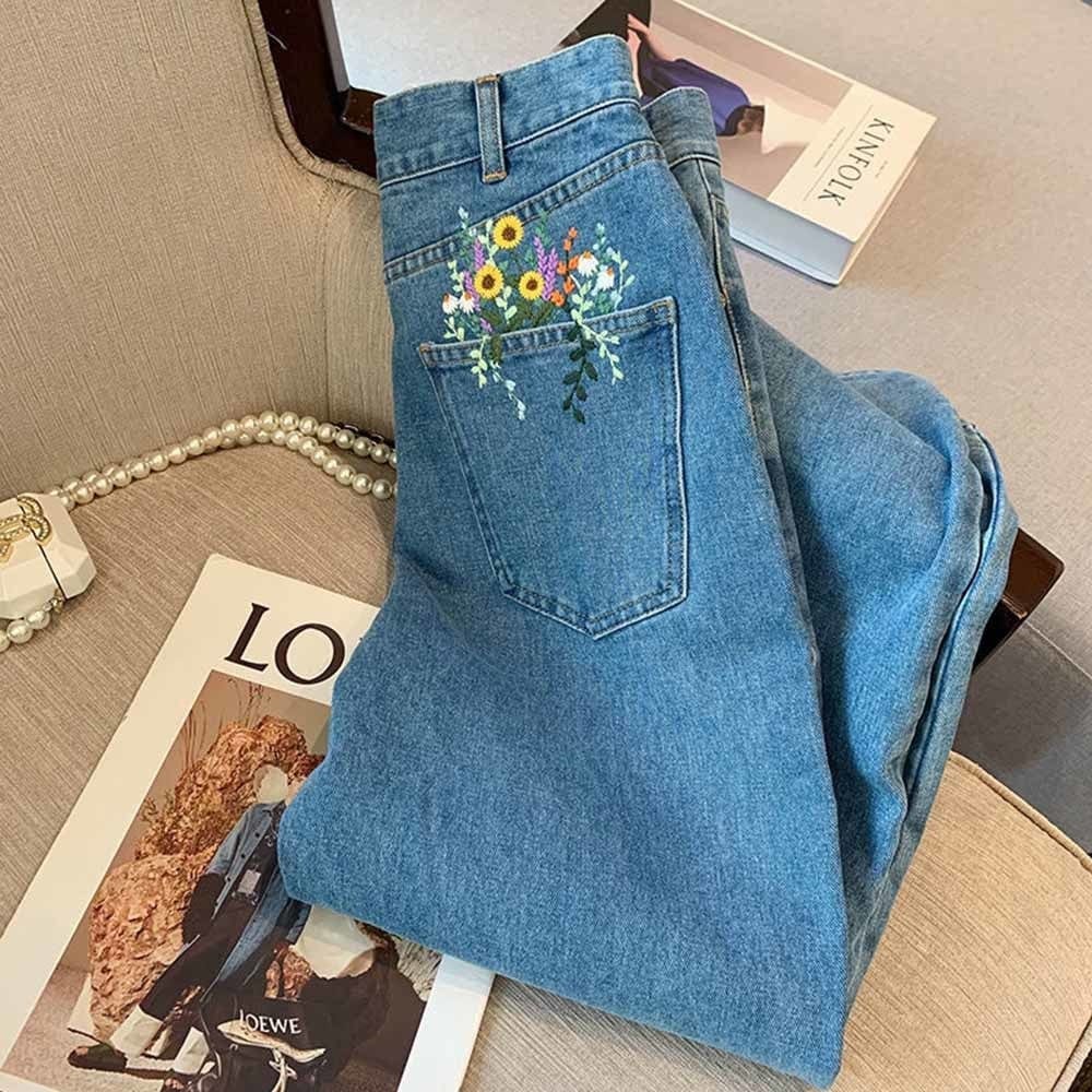 Flowers in My Pocket Embroidered Jeans - Wicked AF Blue / L