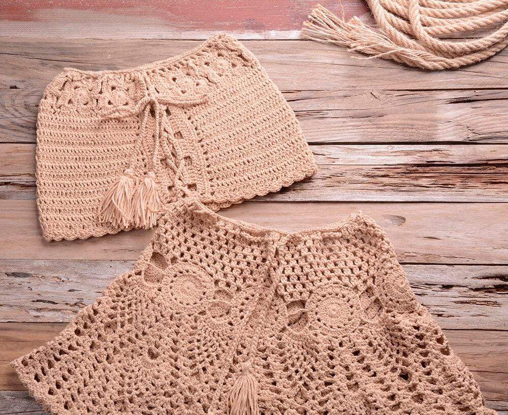 wickedafstore Crochet Bikini Top Skirt Set