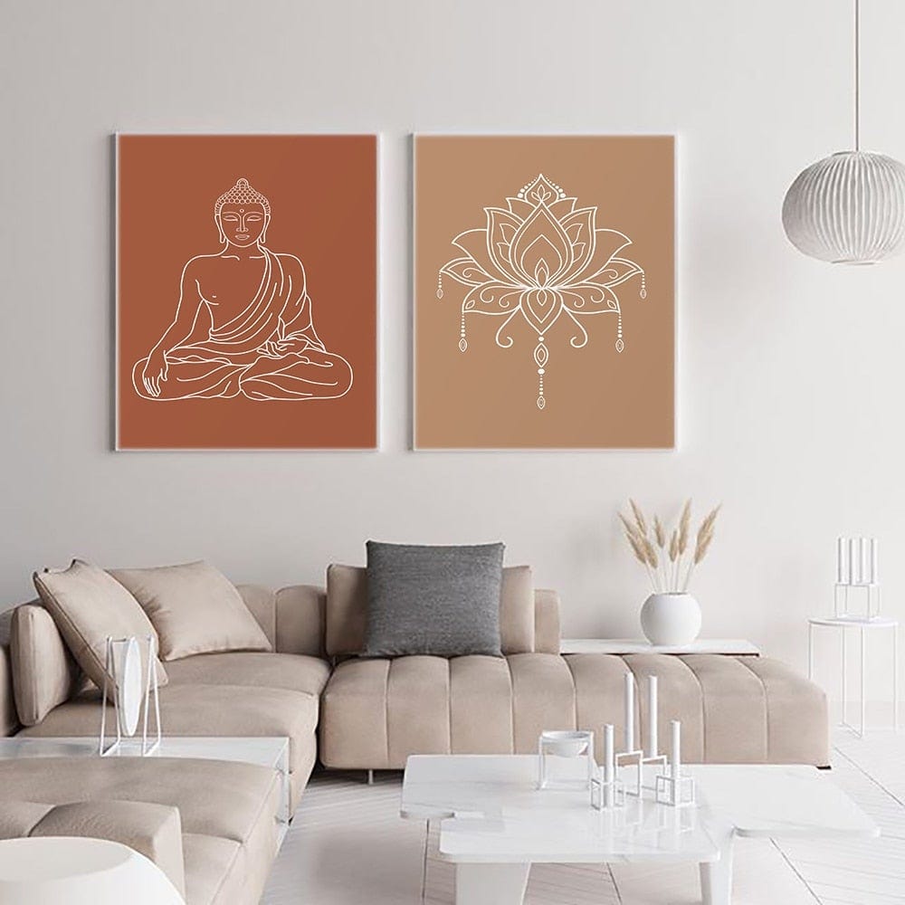 wickedafstore Mandala Buddha Lotus Neutral Colors Boho Wall Art Print Canvas Painting Poster Picture Zen Yoga Living Room Home Interior Decor