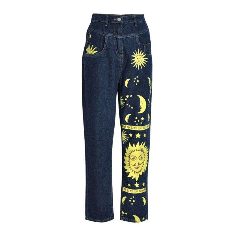 wickedafstore Sun and Moon Print Jeans