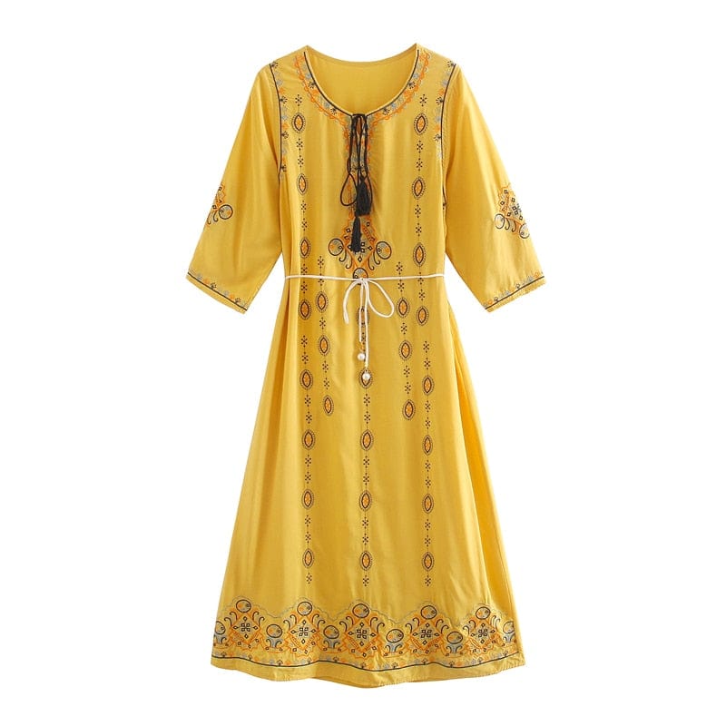 wickedafstore Yellow / ONE SIZE Ignatia Boho Embroidery Midi Dress
