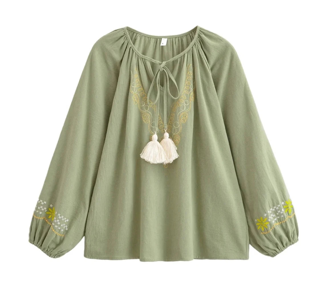 Selene Sage Embroidered Blouse