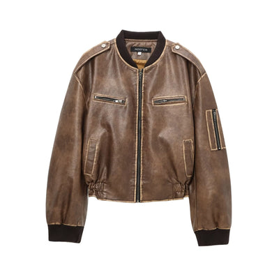 Indefer Vintage Leather Bomber Jacket