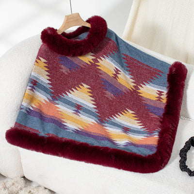 Serena Faux Fur-Trimmed Aztec Poncho