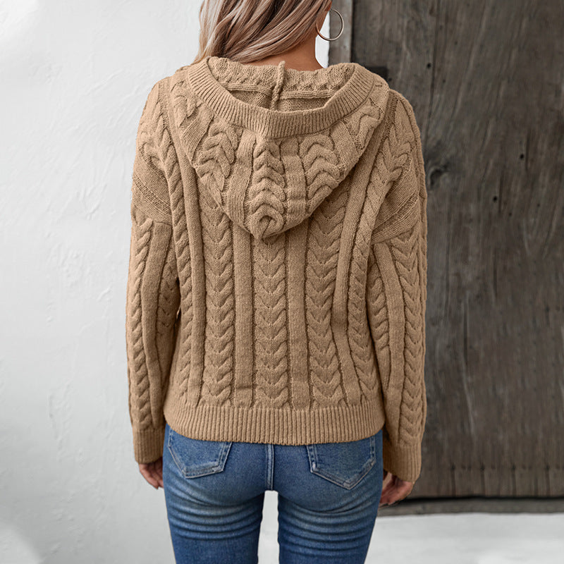 Chloe Cable-Knit Button-Up Hoodie Sweater