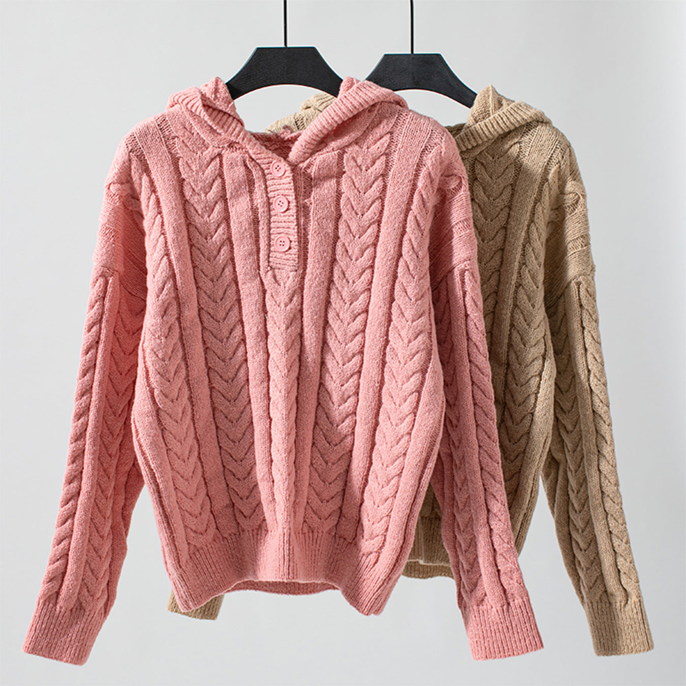 Chloe Cable-Knit Button-Up Hoodie Sweater