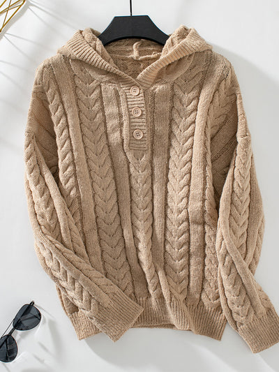 Chloe Cable-Knit Button-Up Hoodie Sweater