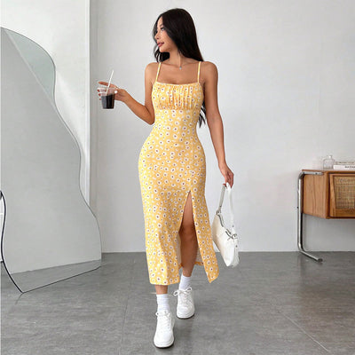 Sun Daze 'Daisy' Yellow Floral Slit Midi Dress