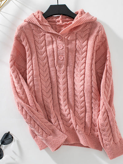 Chloe Cable-Knit Button-Up Hoodie Sweater