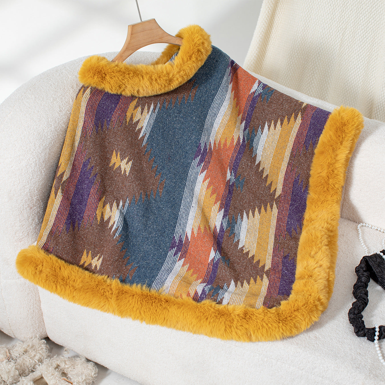 Serena Faux Fur-Trimmed Aztec Poncho