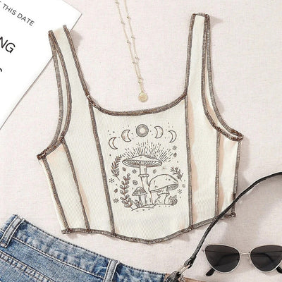 Boho Mushroom Print Cropped Tank Top