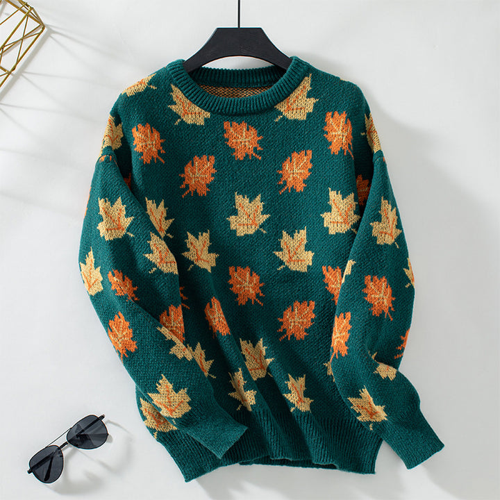 Sweat-shirt Vintage Motif Feuilles Automnales Cardigan Top Stitch Rouge Taille L Cottagecore