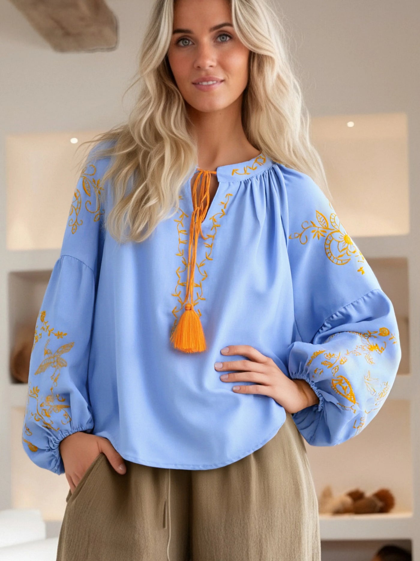 Midnight Marigold Embroidered Blouse