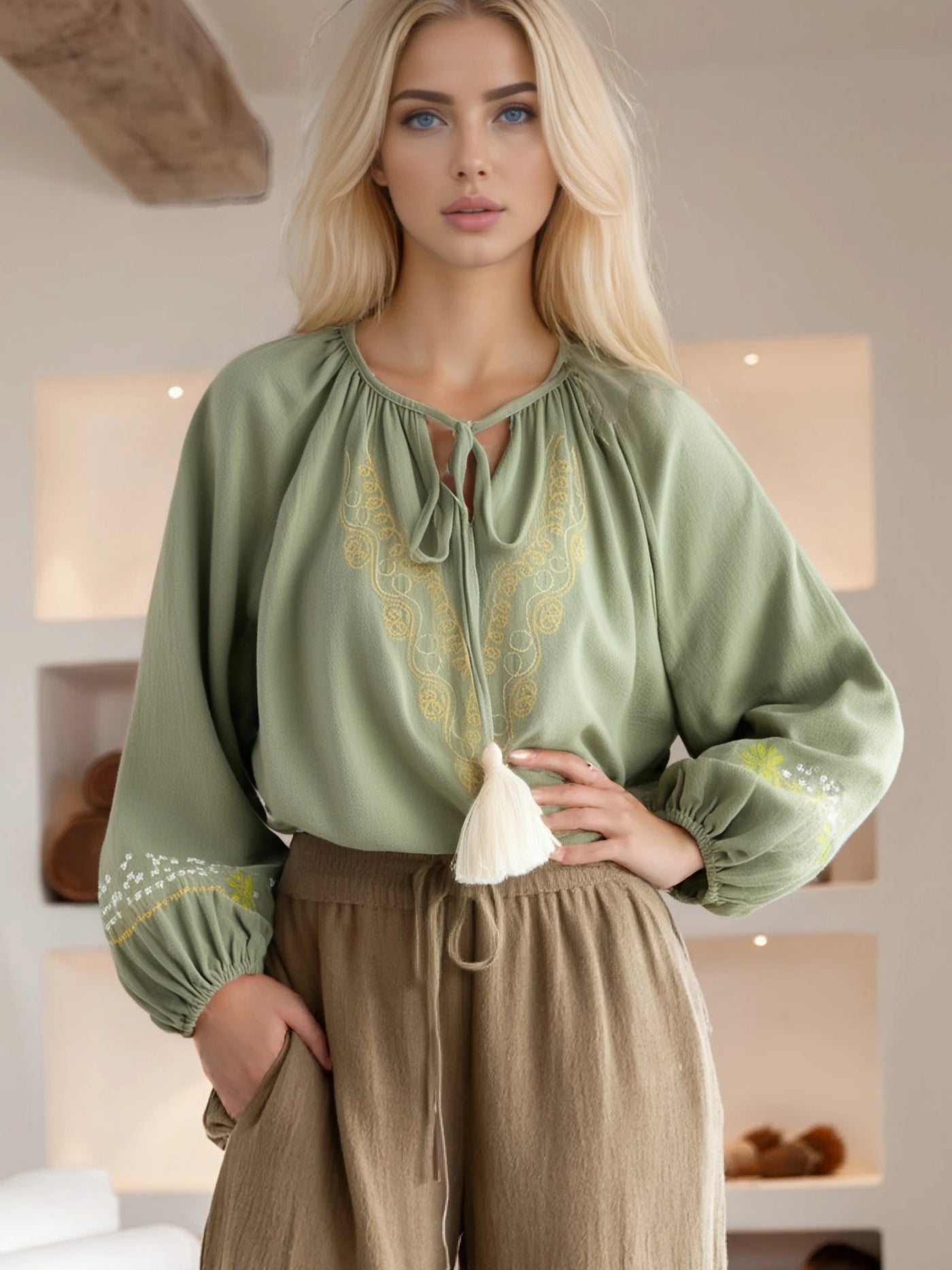 Selene Sage Embroidered Blouse