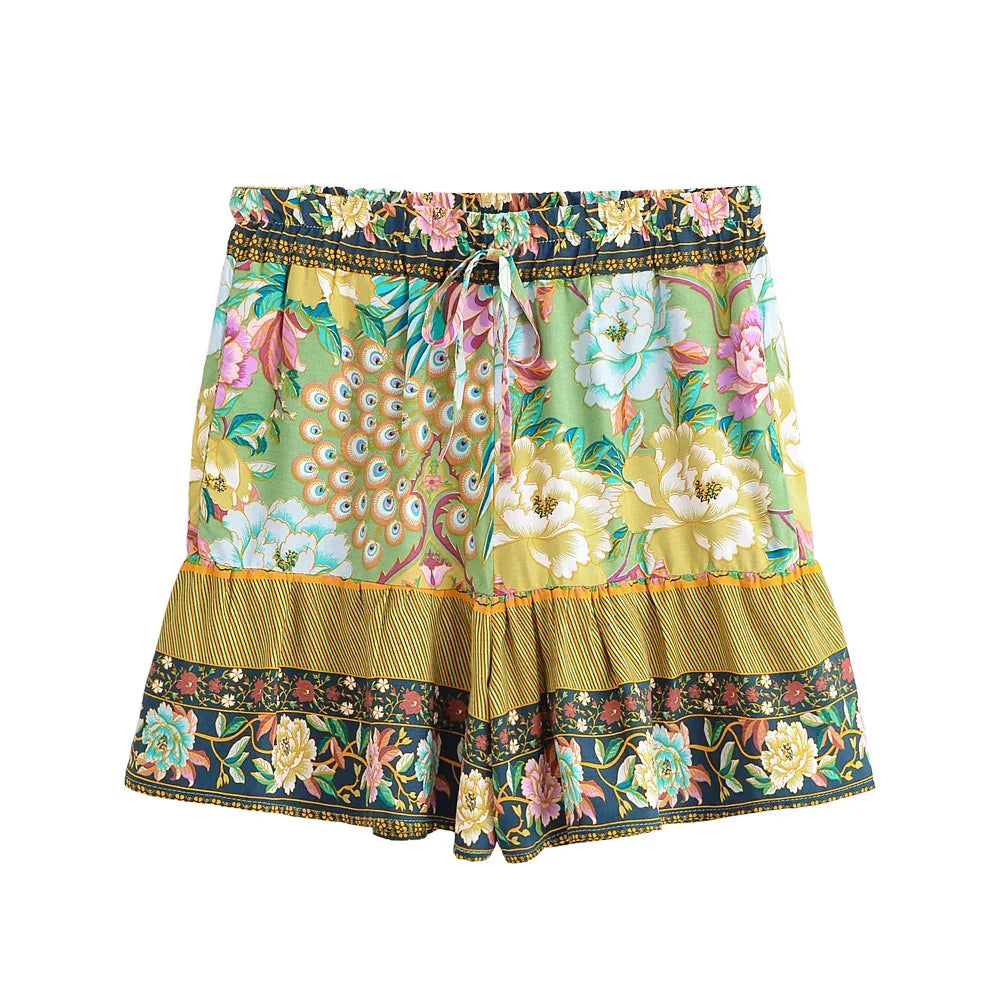 Cyra Boho High-Waist Shorts – Emerald Plume