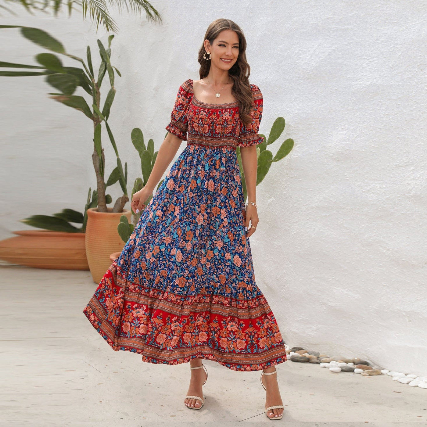 AIYOYA S / Blue Background Jenna Boho Maxi Dress