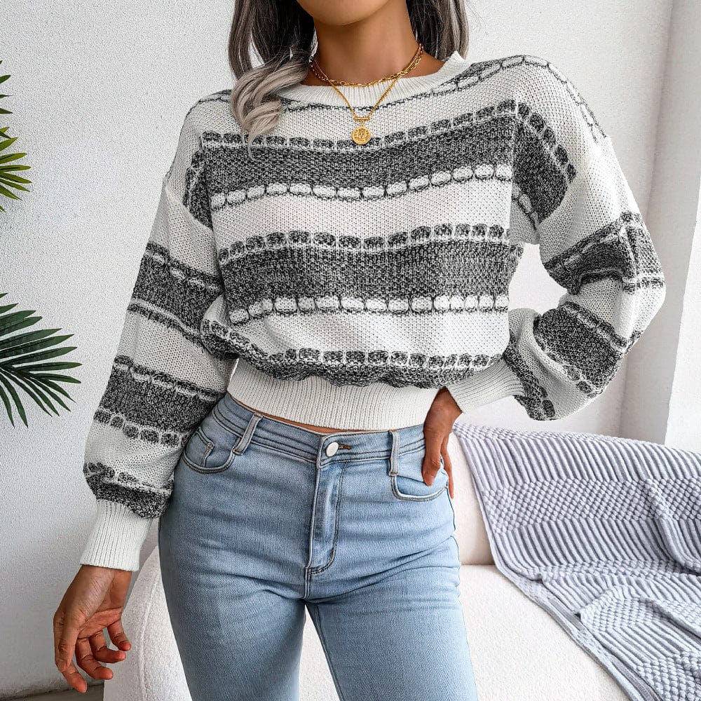 BAGIISA Autumn Winter Color Contrast Long Sleeve Knitted Sweater Women Clothing