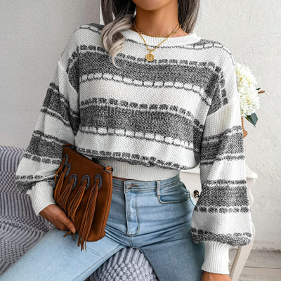 BAGIISA Autumn Winter Color Contrast Long Sleeve Knitted Sweater Women Clothing