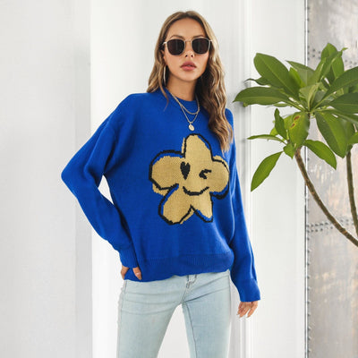 BeingSun S / Blue Cute Floral Cartoon Brocade Sweater Women Loose Sweater Casual Women Clothing Sweater