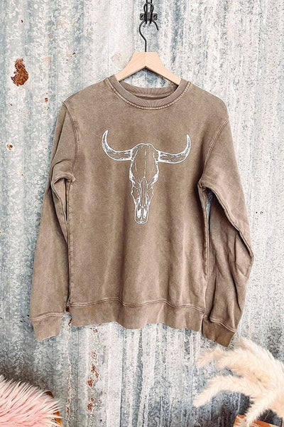 BinBin S / Khaki Ladies Cotton Cow Head Glue Printing Pullover Sweater