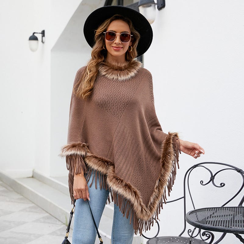 DRAZZLE Knitted Tassel Cloak Women Autumn Winter Solid Color Pullover Loose Inverness