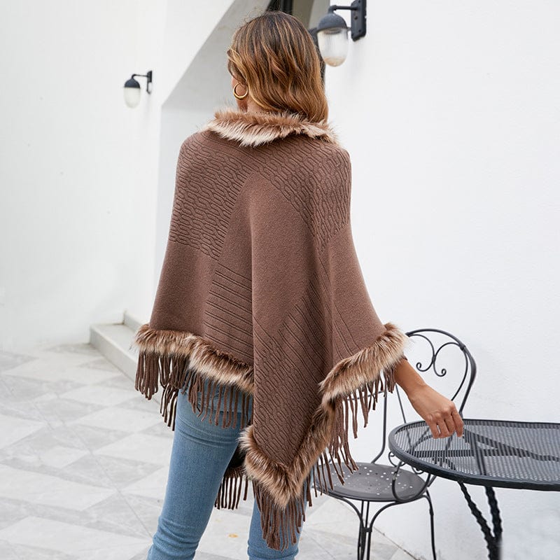 DRAZZLE Knitted Tassel Cloak Women Autumn Winter Solid Color Pullover Loose Inverness