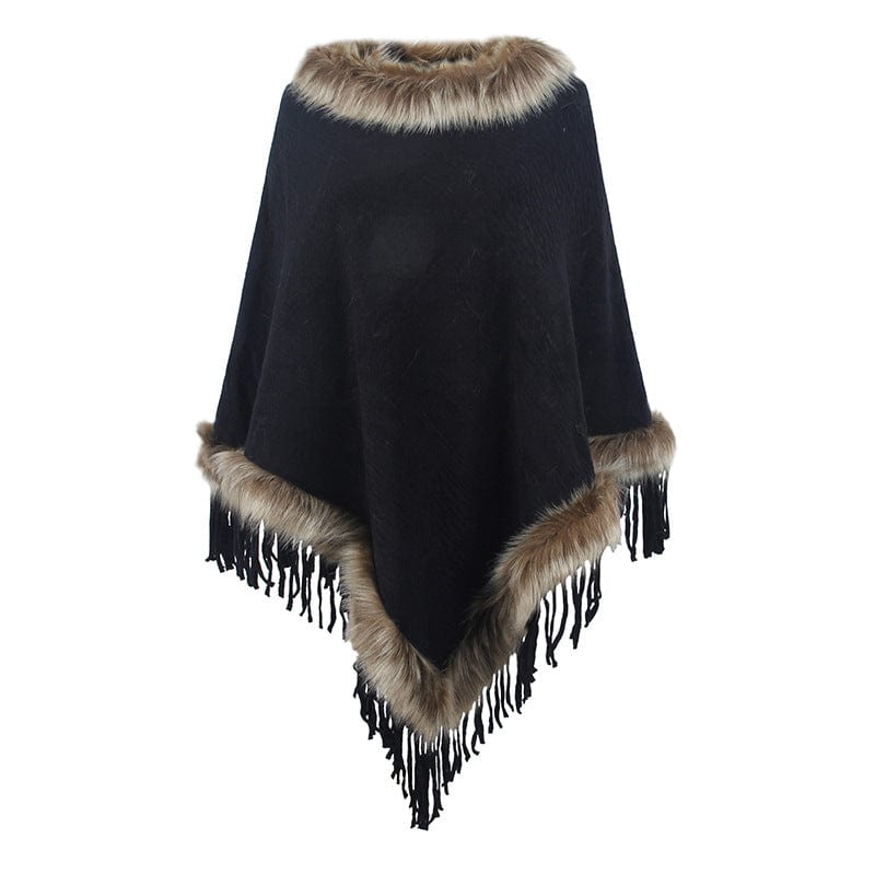 DRAZZLE One Size / Black Knitted Tassel Cloak Women Autumn Winter Solid Color Pullover Loose Inverness