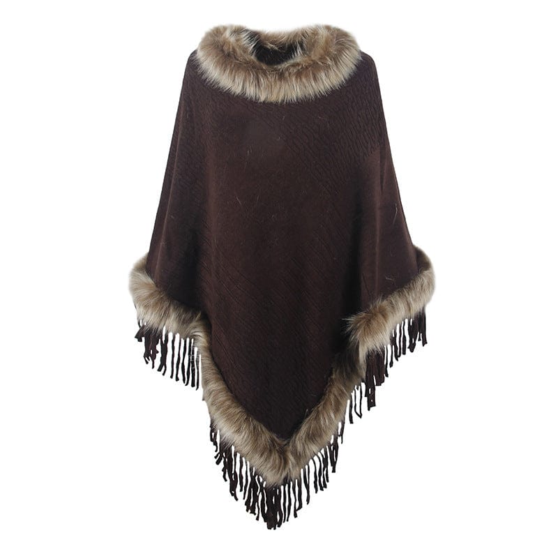 DRAZZLE One Size / Brown Knitted Tassel Cloak Women Autumn Winter Solid Color Pullover Loose Inverness