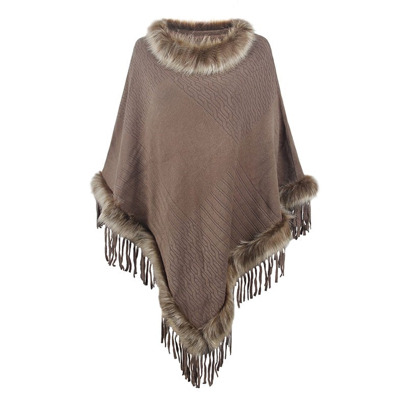 DRAZZLE One Size / Dark Khaki Knitted Tassel Cloak Women Autumn Winter Solid Color Pullover Loose Inverness