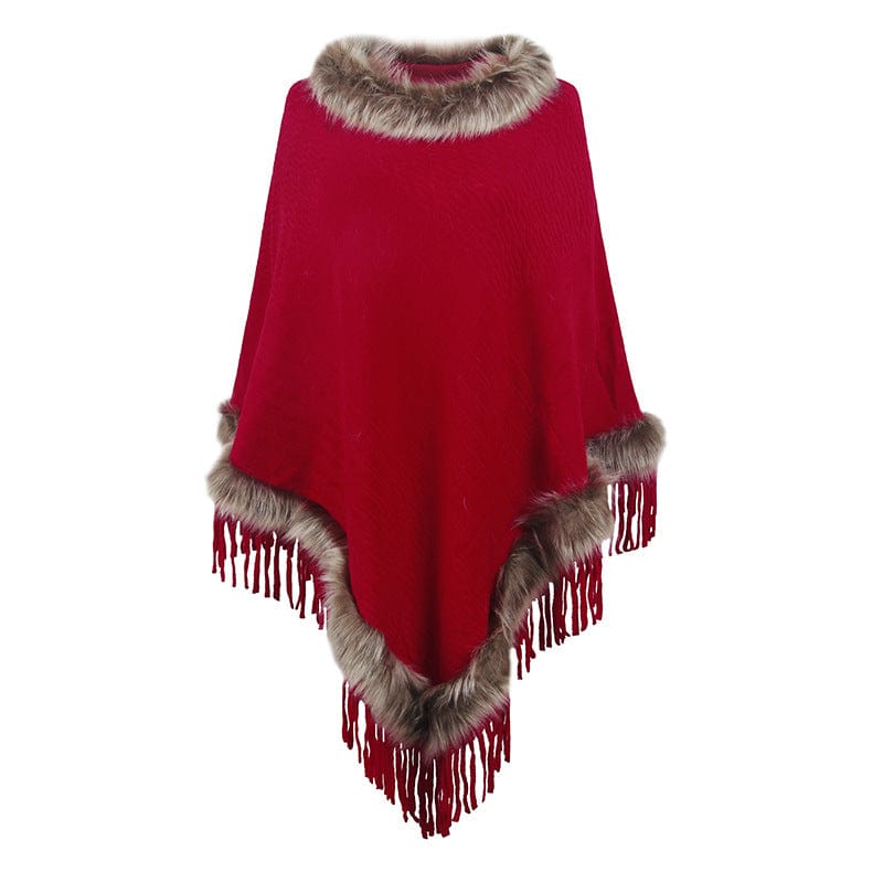 DRAZZLE One Size / Red Knitted Tassel Cloak Women Autumn Winter Solid Color Pullover Loose Inverness
