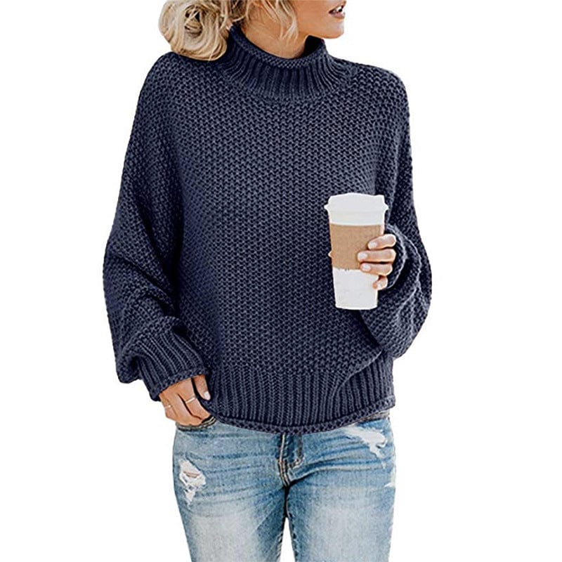 DRAZZLE S / Navy Blue Autumn Winter Knitwear Women Clothing Thick Thread Turtleneck Pullover Women