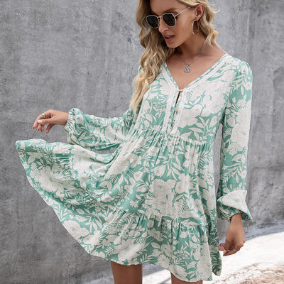 EBELIAN Loose Casual Floral Lace Splicing Pullover Long Sleeve V neck Printed Dress Women