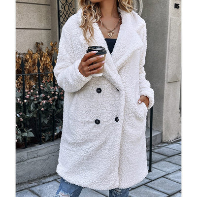 EBELIAN S / White Autumn Winter Mid Length Double Breasted Pocket Lapels Furry Lambswool Trench Coat for Women Outerwear
