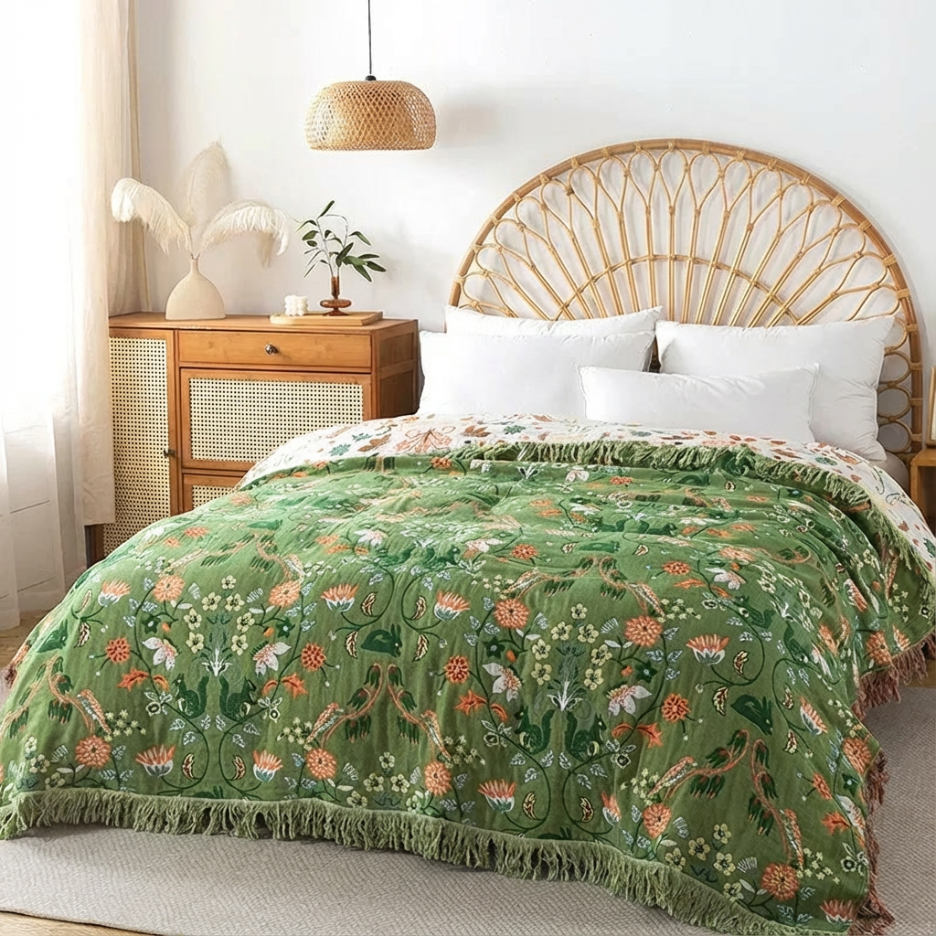 Emerald Bloom Floral Woven Bed Throw