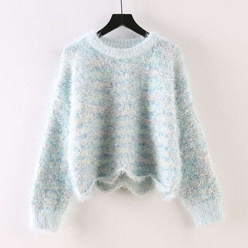 FDmmbjt One Size / Light Blue Autumn Colorful Sweater Women Pullover round Neck Wave Hem Sweater Thick Soft Glutinous Waterproof Marten Top