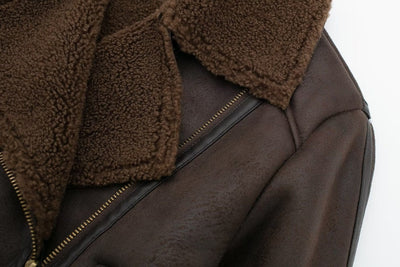 flightCourse Autumn Winter Women Collared Long Sleeve Double Sided Fur One Piece Fleece Short Stitching Coat