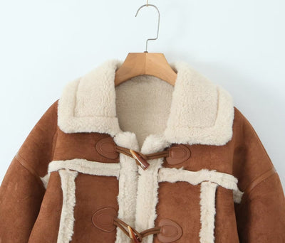 GoodMe Maillard Horn Button Lamb Wool Coat for Women Autumn Winter Korean Sexy Suede Warm Jacket Top