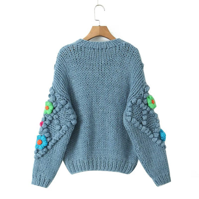 GoodMe One Size / Sea Blue Sweet Handmade Floral Decoration Round Neck Long Sleeved Pullover Women's Autumn Winter Casual Loose Sweater